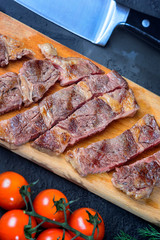 Freshly cooked beef steak. Tasty meat of medium roast.