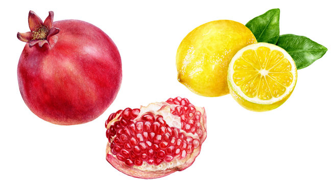 Pomegranate lemon set composition watercolor isolated on white background