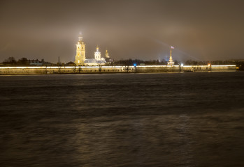 View of the Peter and Paul Fortress in St. Petersburg. Night shooting. 