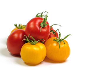 Rote und gelbe Tomaten vor weißem Hintergrund