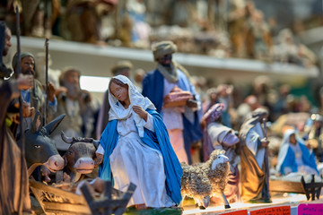 Set of traditional Nativity Scene figures at the Christmas market in Europe