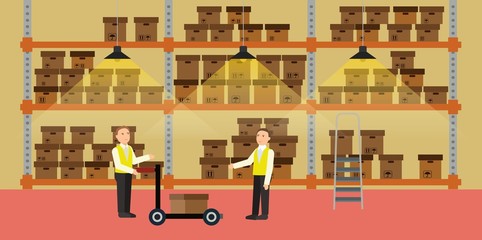 Warehouse interior shelves with boxes. Storage business goods concept. Vector illustration