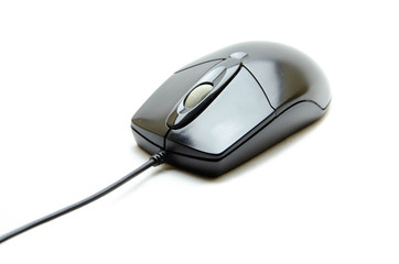 Wired black office mouse for the computer. Mouse to control. Computer peripherals on a white...
