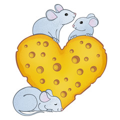 Three cute mice and a big cheese heart.