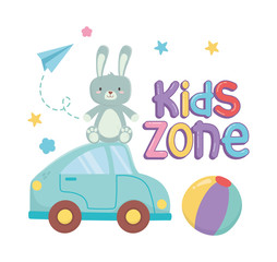Obraz na płótnie Canvas kids zone, rabbit furry and blue car toys