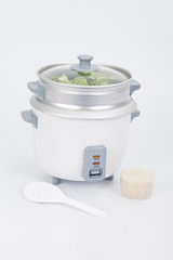 Pot electric rice cooker on white background.