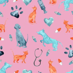 Seamless print for veterinarian clothes. Watercolor illustration of cats and dogs.