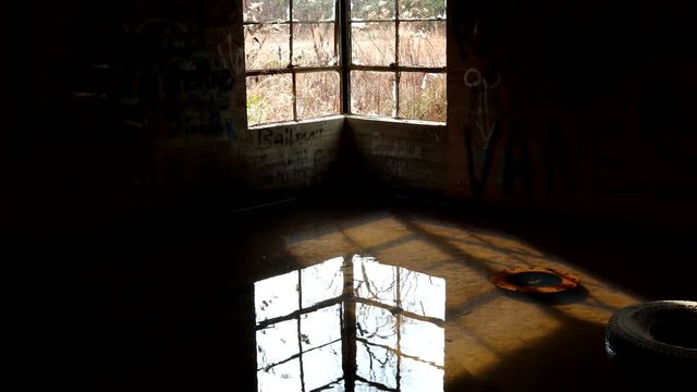A surreal clip of a window reflected on a flooded basement