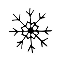 Single hand drawn snowflake. Doodle vector illustration. Winter element for greeting cards, posters, stickers and seasonal design. Isolated on white background