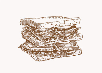 Graphical vintage sandwich , sepia background,vector fast food illustration