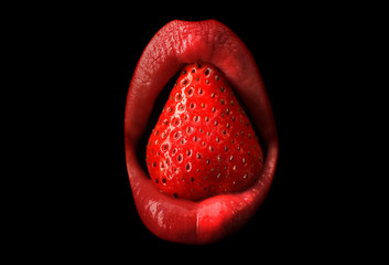 Red lips with strawberry on black background. Strawberry. Pink puffy lips. Lipstick. Womans lips...
