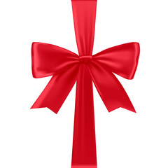 Red realistic bow and satin ribbon. Isolated object for decorating a holiday banner, gift card, special present, discount and offer.
