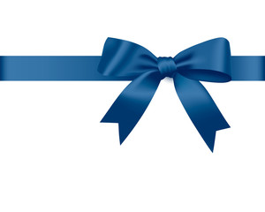 Blue bow and satin ribbon. Isolated realistic design element, decoration of a festive surprise, gift card, holiday present, discounts and special offers.