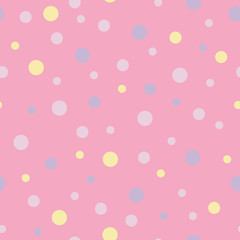 Vector seamless pattern pastel rainbow with purple, pink, yellow polka dots and pink background