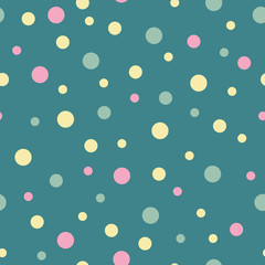 Vector seamless pattern pastel rainbow with green, pink, yellow polka dots and green background
