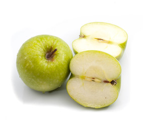 Fresh green apple fruits and half of apple isolated background