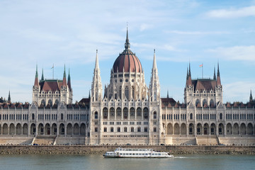 Hungarian Parliament Building in Budapest, Hungary, front view.