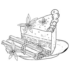 Cake with cinnamon on a plate icon. Vector illustration of a piece of cake and cinnamon sticks. Hand drawn cake with cinnamon.