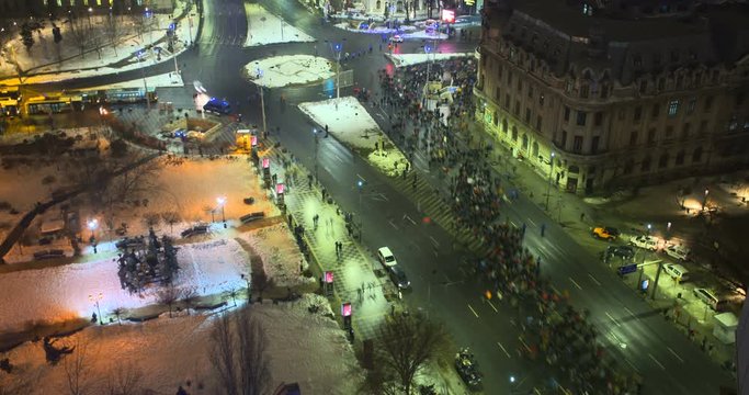 BUCHAREST, ROMANIA - JANUARY 29,2017: Romanians protest against Amnesty and Pardon law claiming it would help government allies convicted of corruption Time lapse of 50000 people occupying city center
