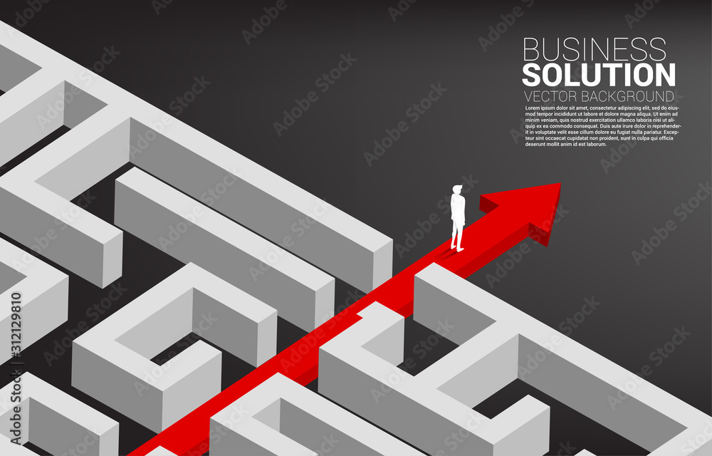 Aufkleber businessman standing on red arrow route break out of maze. business concept for problem solving and 