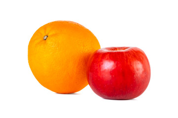 Single orange fruit and red apple isolated on white background.
