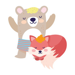 baby shower cute bear with short pants and fox cartoon