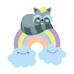baby shower cute raccoon on rainbow with clouds cartoon