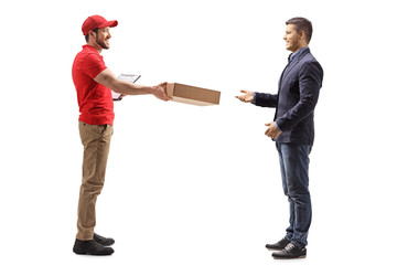 Postman delivering a package to a young man