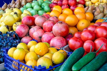 Various fresh fruits at farmer market. Vitamin.