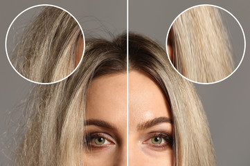 Woman before and after hair treatment on grey background