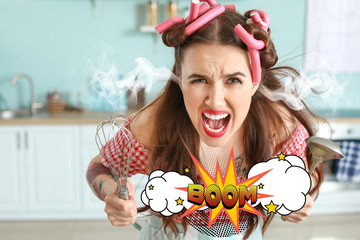 Funny angry housewife with steam coming out of ears in kitchen