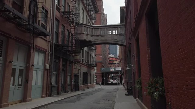 Panning view of Staple Street Skybridge in TriBeCa district east Lower Manhattan