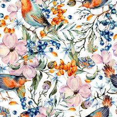 Fototapeta na wymiar Gentle watercolor seamless pattern with pair of birds, pink, flowers, blue and orange berries