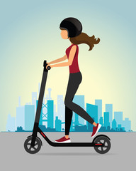 Young woman riding electric scooter