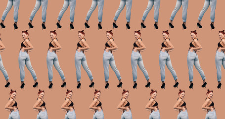 Fun girl in blue jeans. Fashionable seamless background.