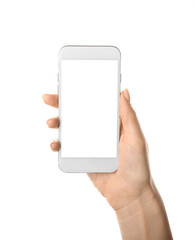 Female hand with mobile phone on white background