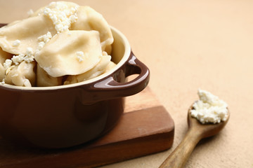 Pot with tasty dumplings on color background