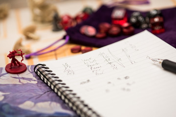 Set of pen, notebook, tokens and dices to play role game like dungeons and dragons.