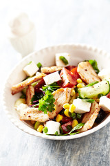  Healthy Salad with Chicken Briest, Feta Cheese, Blcak Olives, Cucumber, Red Pepper and Sweet Corn.