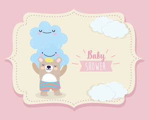 Fototapeta na wymiar baby shower cute bear with short pants and clouds