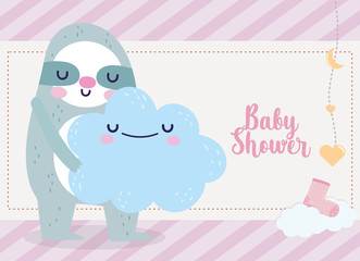 baby shower cute sloth holding cloud cartoon