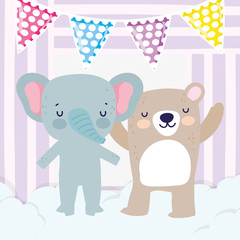 baby shower cute elephant and bear with bunting flags cartoon
