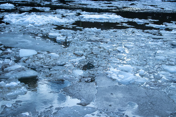 Ice floating on river Elbe in Hamburg