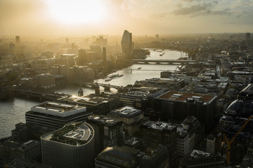 View of Bridges Crossing Thames River and Buildings of London, by Sunset