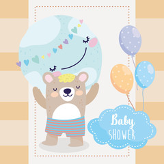 baby shower cute bear with short pants with world hearts balloons cartoon