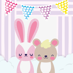 baby shower love cute rabbit and bear in clouds with buntings