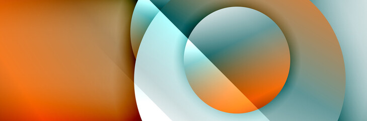 Dynamic trendy geometrical abstract background. Circles, round shapes 3d shadow effects and fluid gradients. Modern overlapping round forms