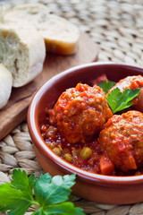 Albondigas - Spanish cuisine traditional homemade meatballs in rich tomato sauce.