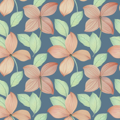 Delicate flowers and leaves for wrapping paper. Seamless watercolor exotic floral pattern. Seamless watercolor pattern for design. Hand painted flowers of different colors.