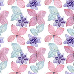 Seamless watercolor exotic floral pattern. Seamless watercolor pattern for design. Hand painted flowers of different colors.